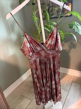 Rust Floral Satin Slip Mini Dress with Silver Accents